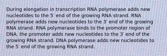 During elongation in transcription RNA polymerase adds new nucleotides to the 5′ end of the growing RNA strand. RNA polymerase adds new nucleotides to the 3′ end of the growing RNA strand. RNA polymerase binds to the promoter region of DNA. the promoter adds new nucleotides to the 3′ end of the growing RNA strand. DNA polymerase adds new nucleotides to the 5′ end of the growing RNA strand.