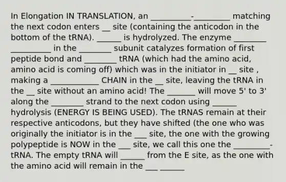 In Elongation IN TRANSLATION, an __________-_________ matching the next codon enters __ site (containing the anticodon in the bottom of the tRNA). ______ is hydrolyzed. The enzyme ________ __________ in the ________ subunit catalyzes formation of first peptide bond and ________ tRNA (which had the amino acid, amino acid is coming off) which was in the initiator in __ site , making a ____________ CHAIN in the __ site, leaving the tRNA in the __ site without an amino acid! The _______ will move 5' to 3' along the ________ strand to the next codon using ______ hydrolysis (ENERGY IS BEING USED). The tRNAS remain at their respective anticodons, but they have shifted (the one who was originally the initiator is in the ___ site, the one with the growing polypeptide is NOW in the ___ site, we call this one the _________-tRNA. The empty tRNA will ______ from the E site, as the one with the amino acid will remain in the ___ ______