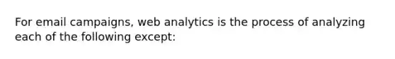 For email campaigns, web analytics is the process of analyzing each of the following except: