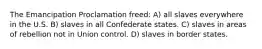 The Emancipation Proclamation freed: A) all slaves everywhere in the U.S. B) slaves in all Confederate states. C) slaves in areas of rebellion not in Union control. D) slaves in border states.