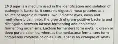 EMB agar is a medium used in the identification and isolation of pathogenic bacteria. It contains digested meat proteins as a source of organic nutrients. Two indicator dyes, eosin and methylene blue, inhibit the growth of gram-positive bacteria and distinguish between lactose fermenting and nonlactose fermenting organisms. Lactose fermenters form metallic green or deep purple colonies, whereas the nonlactose fermenters form completely colorless colonies. EMB agar is an example of what?