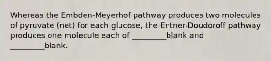 Whereas the Embden-Meyerhof pathway produces two molecules of pyruvate (net) for each glucose, the Entner-Doudoroff pathway produces one molecule each of _________blank and _________blank.