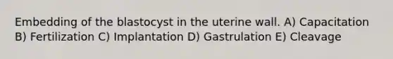 Embedding of the blastocyst in the uterine wall. A) Capacitation B) Fertilization C) Implantation D) Gastrulation E) Cleavage