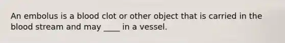 An embolus is a blood clot or other object that is carried in the blood stream and may ____ in a vessel.