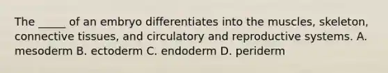 The _____ of an embryo differentiates into the muscles, skeleton, connective tissues, and circulatory and reproductive systems. A. mesoderm B. ectoderm C. endoderm D. periderm