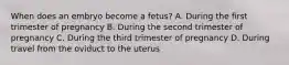 When does an embryo become a fetus? A. During the first trimester of pregnancy B. During the second trimester of pregnancy C. During the third trimester of pregnancy D. During travel from the oviduct to the uterus