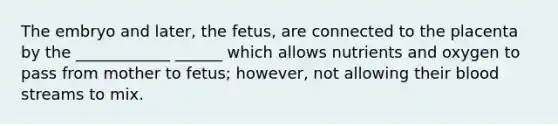 The embryo and later, the fetus, are connected to the placenta by the ____________ ______ which allows nutrients and oxygen to pass from mother to fetus; however, not allowing their blood streams to mix.