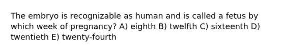 The embryo is recognizable as human and is called a fetus by which week of pregnancy? A) eighth B) twelfth C) sixteenth D) twentieth E) twenty-fourth