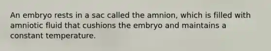 ​An embryo rests in a sac called the amnion, which is filled with amniotic fluid that cushions the embryo and maintains a constant temperature.