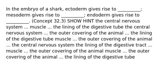 In the embryo of a shark, ectoderm gives rise to __________; mesoderm gives rise to __________; endoderm gives rise to __________. (Concept 32.3) SHOW HINT the central nervous system ... muscle ... the lining of the digestive tube the central nervous system ... the outer covering of the animal ... the lining of the digestive tube muscle ... the outer covering of the animal ... the central nervous system the lining of the digestive tract ... muscle ... the outer covering of the animal muscle ... the outer covering of the animal ... the lining of the digestive tube