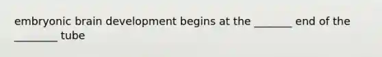 embryonic brain development begins at the _______ end of the ________ tube