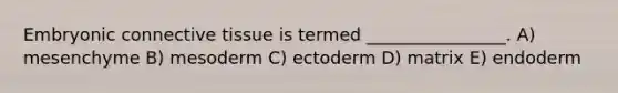 Embryonic connective tissue is termed ________________. A) mesenchyme B) mesoderm C) ectoderm D) matrix E) endoderm