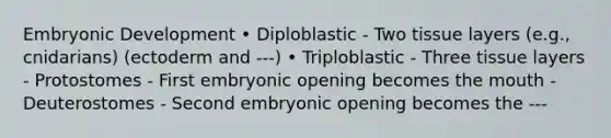 Embryonic Development • Diploblastic - Two tissue layers (e.g., cnidarians) (ectoderm and ---) • Triploblastic - Three tissue layers - Protostomes - First embryonic opening becomes the mouth - Deuterostomes - Second embryonic opening becomes the ---