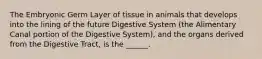 The Embryonic Germ Layer of tissue in animals that develops into the lining of the future Digestive System (the Alimentary Canal portion of the Digestive System), and the organs derived from the Digestive Tract, is the ______.