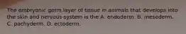 The embryonic germ layer of tissue in animals that develops into the skin and nervous system is the A. endoderm. B. mesoderm. C. pachyderm. D. ectoderm.
