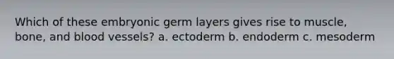 Which of these embryonic germ layers gives rise to muscle, bone, and blood vessels? a. ectoderm b. endoderm c. mesoderm