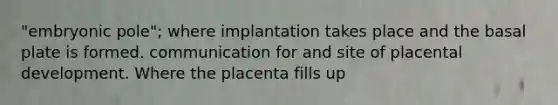 "embryonic pole"; where implantation takes place and the basal plate is formed. communication for and site of placental development. Where the placenta fills up