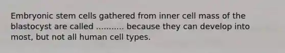 Embryonic stem cells gathered from inner cell mass of the blastocyst are called ........... because they can develop into most, but not all human cell types.