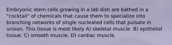 Embryonic stem cells growing in a lab dish are bathed in a "cocktail" of chemicals that cause them to specialize into branching networks of single nucleated cells that pulsate in unison. This tissue is most likely A) skeletal muscle. B) <a href='https://www.questionai.com/knowledge/k7dms5lrVY-epithelial-tissue' class='anchor-knowledge'>epithelial tissue</a>. C) smooth muscle. D) cardiac muscle.