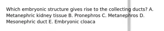 Which embryonic structure gives rise to the collecting ducts? A. Metanephric kidney tissue B. Pronephros C. Metanephros D. Mesonephric duct E. Embryonic cloaca