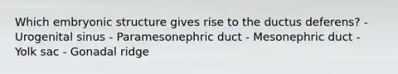 Which embryonic structure gives rise to the ductus deferens? - Urogenital sinus - Paramesonephric duct - Mesonephric duct - Yolk sac - Gonadal ridge