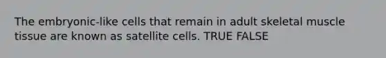 The embryonic-like cells that remain in adult skeletal muscle tissue are known as satellite cells. TRUE FALSE