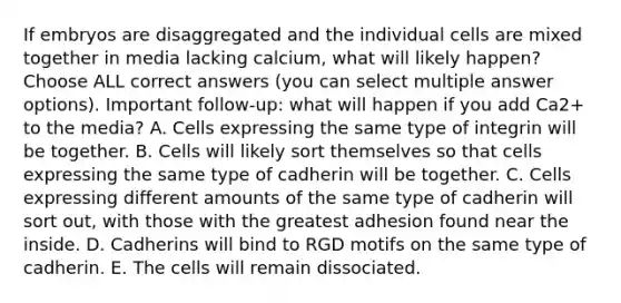 If embryos are disaggregated and the individual cells are mixed together in media lacking calcium, what will likely happen? Choose ALL correct answers (you can select multiple answer options). Important follow-up: what will happen if you add Ca2+ to the media? A. Cells expressing the same type of integrin will be together. B. Cells will likely sort themselves so that cells expressing the same type of cadherin will be together. C. Cells expressing different amounts of the same type of cadherin will sort out, with those with the greatest adhesion found near the inside. D. Cadherins will bind to RGD motifs on the same type of cadherin. E. The cells will remain dissociated.