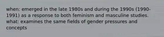 when: emerged in the late 1980s and during the 1990s (1990-1991) as a response to both feminism and masculine studies. what: examines the same fields of gender pressures and concepts