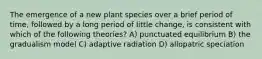 The emergence of a new plant species over a brief period of time, followed by a long period of little change, is consistent with which of the following theories? A) punctuated equilibrium B) the gradualism model C) adaptive radiation D) allopatric speciation