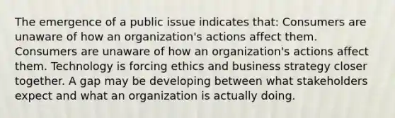 The emergence of a public issue indicates that: Consumers are unaware of how an organization's actions affect them. Consumers are unaware of how an organization's actions affect them. Technology is forcing ethics and business strategy closer together. A gap may be developing between what stakeholders expect and what an organization is actually doing.