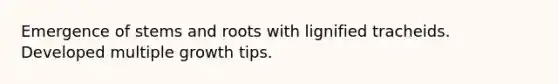 Emergence of stems and roots with lignified tracheids. Developed multiple growth tips.