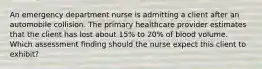 An emergency department nurse is admitting a client after an automobile collision. The primary healthcare provider estimates that the client has lost about 15% to 20% of blood volume. Which assessment finding should the nurse expect this client to exhibit?