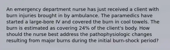 An emergency department nurse has just received a client with burn injuries brought in by ambulance. The paramedics have started a large-bore IV and covered the burn in cool towels. The burn is estimated as covering 24% of the client's body. How should the nurse best address the pathophysiologic changes resulting from major burns during the initial burn-shock period?