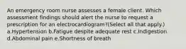 An emergency room nurse assesses a female client. Which assessment findings should alert the nurse to request a prescription for an electrocardiogram?(Select all that apply.) a.Hypertension b.Fatigue despite adequate rest c.Indigestion d.Abdominal pain e.Shortness of breath