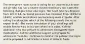 The emergency room nurse is caring for an unconscious 6-year-old girl who has had a severe closed head injury and notes the following changes in her vital signs. Her heart rate has dropped from 120 to 64, her blood pressure has increased from 110/44 to 184/62, and her respirations are becoming more irregular. After calling the physician, which of the following should the nurse expect to do? -The nerve stimulation of your child legs will enable him to walk on his own when he is older. -Call fro additional help and prepare to administer antihypertensive medications. -Call for additional support and prepare to administer mannitol. -Continue to monitor the patient vital signs and be prepared to administer a bolos of isotonic fluids.