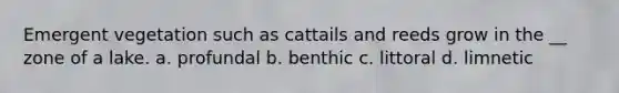 Emergent vegetation such as cattails and reeds grow in the __ zone of a lake. a. profundal b. benthic c. littoral d. limnetic