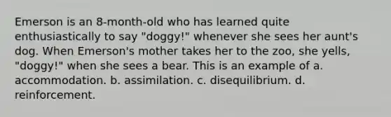 Emerson is an 8-month-old who has learned quite enthusiastically to say "doggy!" whenever she sees her aunt's dog. When Emerson's mother takes her to the zoo, she yells, "doggy!" when she sees a bear. This is an example of a. accommodation. b. assimilation. c. disequilibrium. d. reinforcement.