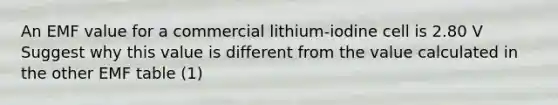 An EMF value for a commercial lithium-iodine cell is 2.80 V Suggest why this value is different from the value calculated in the other EMF table (1)