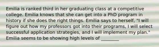 Emilia is ranked third in her graduating class at a competitive college. Emilia knows that she can get into a PhD program in history if she does the right things. Emilia says to herself, "I will figure out how my professors got into their programs, I will select successful application strategies, and I will implement my plan." Emilia seems to be showing high levels of ________