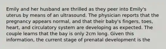 Emily and her husband are thrilled as they peer into Emily's uterus by means of an ultrasound. The physician reports that the pregnancy appears normal, and that their baby's fingers, toes, heart, and circulatory system are developing as expected. The couple learns that the bay is only 2cm long. Given this information, the current stage of prenatal development is the