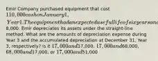 Emir Company purchased equipment that cost 110,000 cash on January 1, Year 1. The equipment had an expected useful life of six years and an estimated salvage value of8,000. Emir depreciates its assets under the straight-line method. What are the amounts of depreciation expense during Year 3 and the accumulated depreciation at December 31, Year 3, respectively? is it 17,000 and17,000, 17,000 and68,000, 68,000 and17,000, or 17,000 and51,000