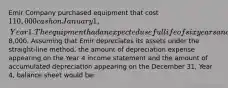 Emir Company purchased equipment that cost 110,000 cash on January 1, Year 1. The equipment had an expected useful life of six years and an estimated salvage value of8,000. Assuming that Emir depreciates its assets under the straight-line method, the amount of depreciation expense appearing on the Year 4 income statement and the amount of accumulated depreciation appearing on the December 31, Year 4, balance sheet would be: