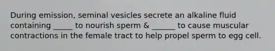 During emission, seminal vesicles secrete an alkaline fluid containing _____ to nourish sperm & ______ to cause muscular contractions in the female tract to help propel sperm to egg cell.