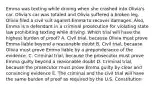 Emma was texting while driving when she crashed into Olivia's car. Olivia's car was totaled and Olivia suffered a broken leg. Olivia filed a civil suit against Emma to recover damages. Also, Emma is a defendant in a criminal prosecution for violating state law prohibiting texting while driving. Which trial will have the highest burden of proof? A. Civil trial, because Olivia must prove Emma liable beyond a reasonable doubt B. Civil trial, because Olivia must prove Emma liable by a preponderance of the evidence. C. Criminal trial, because the prosecutor must prove Emma guilty beyond a reasonable doubt D. Criminal trial, because the prosecutor must prove Emma guilty by clear and convincing evidence E. The criminal and the civil trial will have the same burden of proof as required by the U.S. Constitution