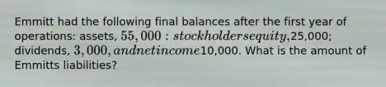 Emmitt had the following final balances after the first year of operations: assets, 55,000: stockholders equity,25,000; dividends, 3,000, and net income10,000. What is the amount of Emmitts liabilities?