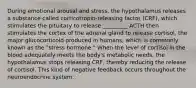 During emotional arousal and stress, the hypothalamus releases a substance called corticotropin-releasing factor (CRF), which stimulates the pituitary to release _________ ACTH then stimulates the cortex of the adrenal gland to release cortisol, the major glucocorticoid produced in humans, which is commonly known as the "stress hormone." When the level of cortisol in the blood adequately meets the body's metabolic needs, the hypothalamus stops releasing CRF, thereby reducing the release of cortisol. This kind of negative feedback occurs throughout the neuroendocrine system.