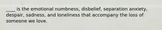 ____ is the emotional numbness, disbelief, separation anxiety, despair, sadness, and loneliness that accompany the loss of someone we love.