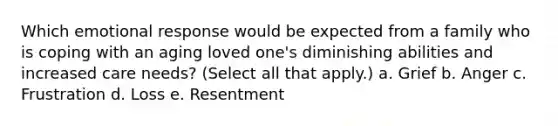 Which emotional response would be expected from a family who is coping with an aging loved one's diminishing abilities and increased care needs? (Select all that apply.) a. Grief b. Anger c. Frustration d. Loss e. Resentment