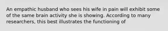 An empathic husband who sees his wife in pain will exhibit some of the same brain activity she is showing. According to many researchers, this best illustrates the functioning of