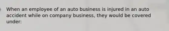 When an employee of an auto business is injured in an auto accident while on company business, they would be covered under: